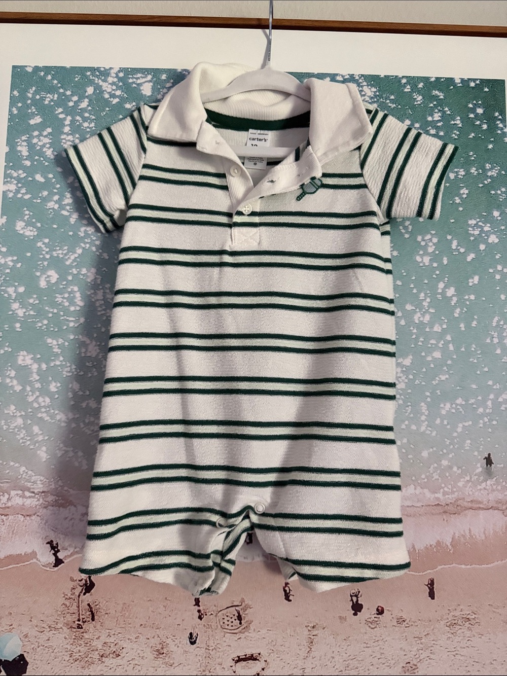 Carter's White and Green Striped Polo One-Piece pickleball Romper